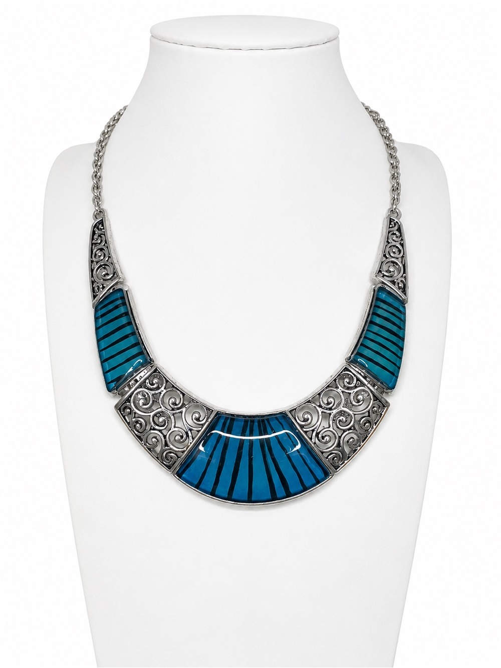 Vintage Silver Tone Blue Acrylic Statement Bib‎ Necklace Filigree Adjustable